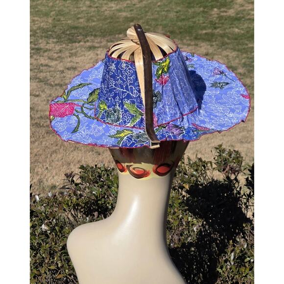 VTG Collapsible Bamboo Travel Hat Folding Packable Sun Hat Blue Floral Batik - Picture 11 of 11